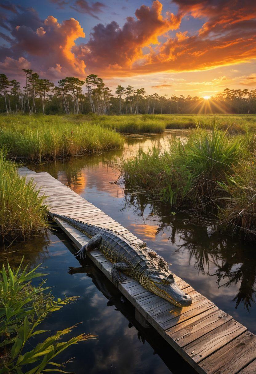 A vibrant scene depicting ecstatic alligators basking in the sun, interspersed with lush Florida wetlands and native flora. Capture a sense of adventure with a dramatic sky and wildlife enthusiasts observing from a wooden boardwalk. Infuse the scene with lively colors and dynamic poses of the alligators, showcasing their unique textures and expressions. super-realistic. vibrant colors. nature-focused.