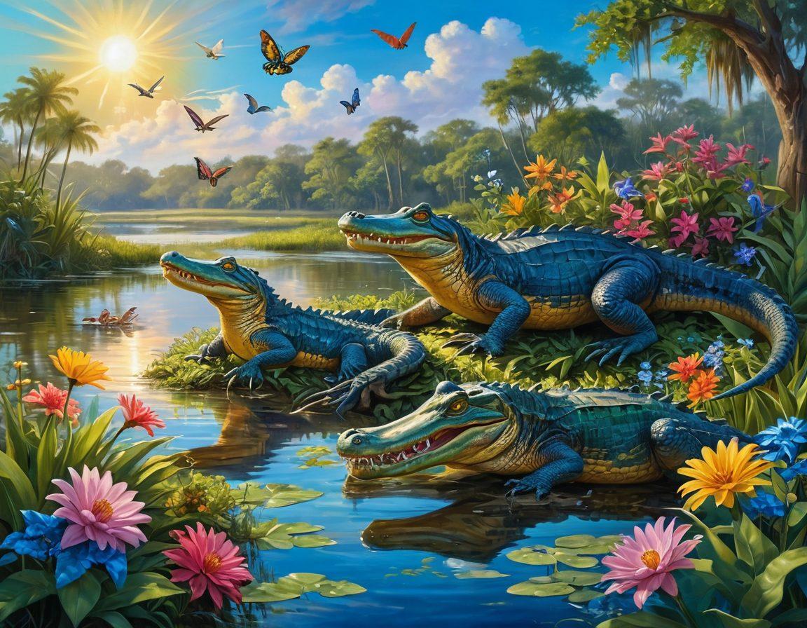A vibrant scene depicting playful alligators lounging in a sun-drenched Florida wetland, surrounded by lush greenery, colorful flowers, and a shimmering blue sky. Include a couple of gators splashing in the water, with tropical birds perched nearby and vibrant butterflies fluttering around. The atmosphere is joyful and lively, inviting exploration and adventure. super-realistic. bright colors. nature-themed.