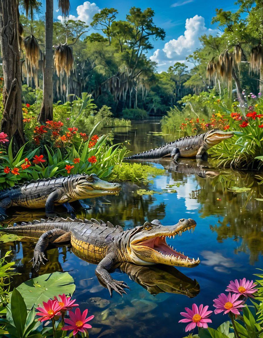 A cheerful scene showcasing a vibrant Florida swamp, filled with joyful alligators basking in the sun. These playful gators are surrounded by lush greenery, colorful flowers, and sparkling water, exuding a sense of bliss and charm. The sky is clear blue with fluffy white clouds, enhancing the joyful atmosphere. Include people enjoying the scenery, reflecting a sense of harmony with nature. bright colors. super-realistic. nature-inspired.